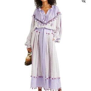 2/$30 Dodo Bar Or Gingham Smock Boho Blouse Lavender White Small #A0465 TRB3